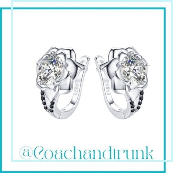 Sterling Silver Flower Lever Back Earrings White Crystal Black Spinel Stones NWT - Picture 1 of 4